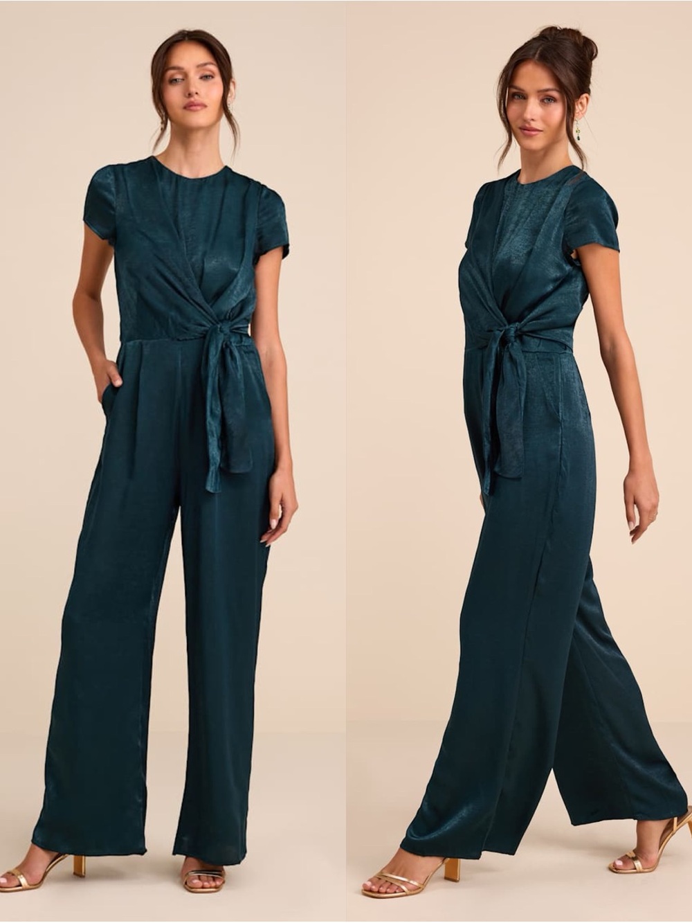 LULU’S Let Me Entertain You Dark Green Satin Wide-Leg Jumpsuit